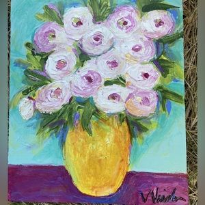 Light Pink Peonies on a Mint Wall“Original Acrylic Painting 12”x10”Wood
